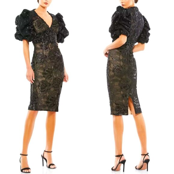 New MAC DUGGAL Black Embellished Midi Cocktail Dress Puff Sleeve SZ 12 MSRP $598 - Picture 1 of 8